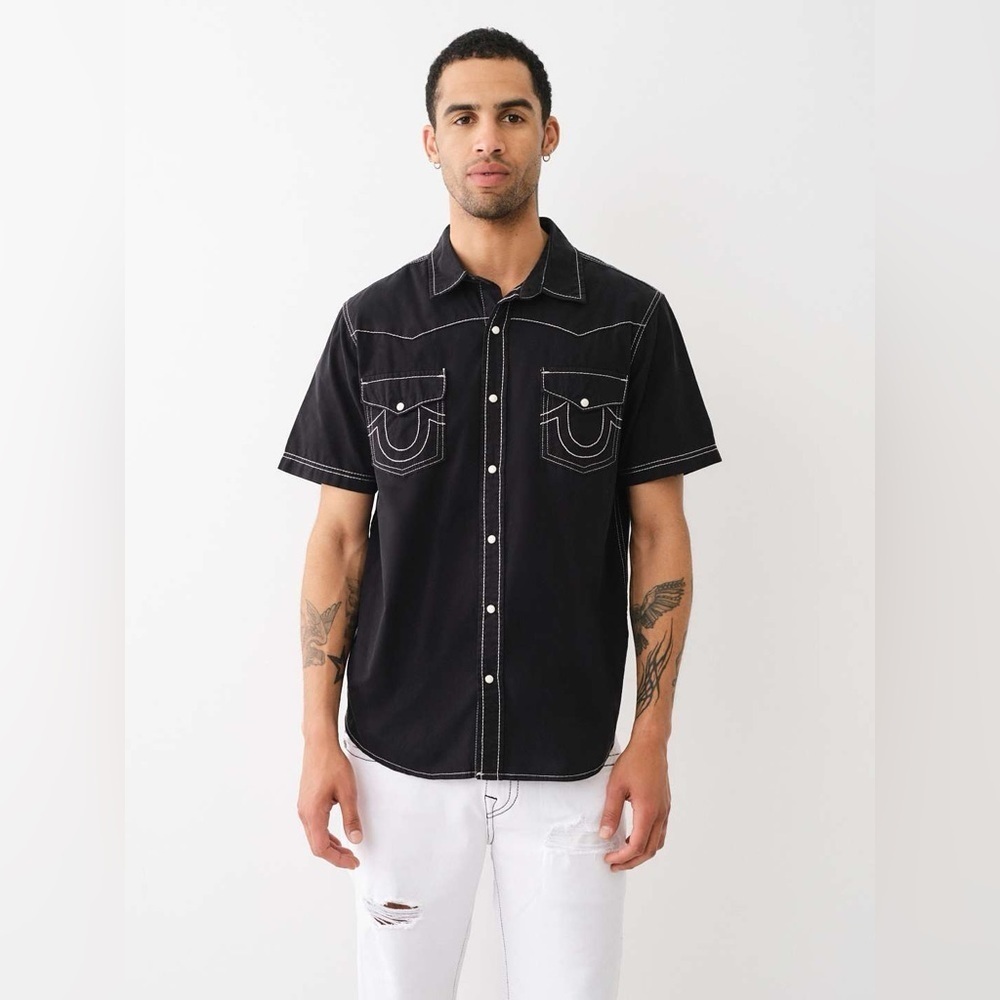 True Religion Big T Western Shirt Black Contrast Stitch Snap Button SS Sz Medium